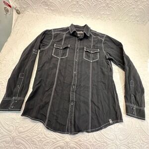 Machine Mens Black White Contrast Stitch Long Sleeve Button Down Shirt Large